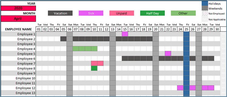Employee Vacation Tracking Excel Template Attendance Calendar
